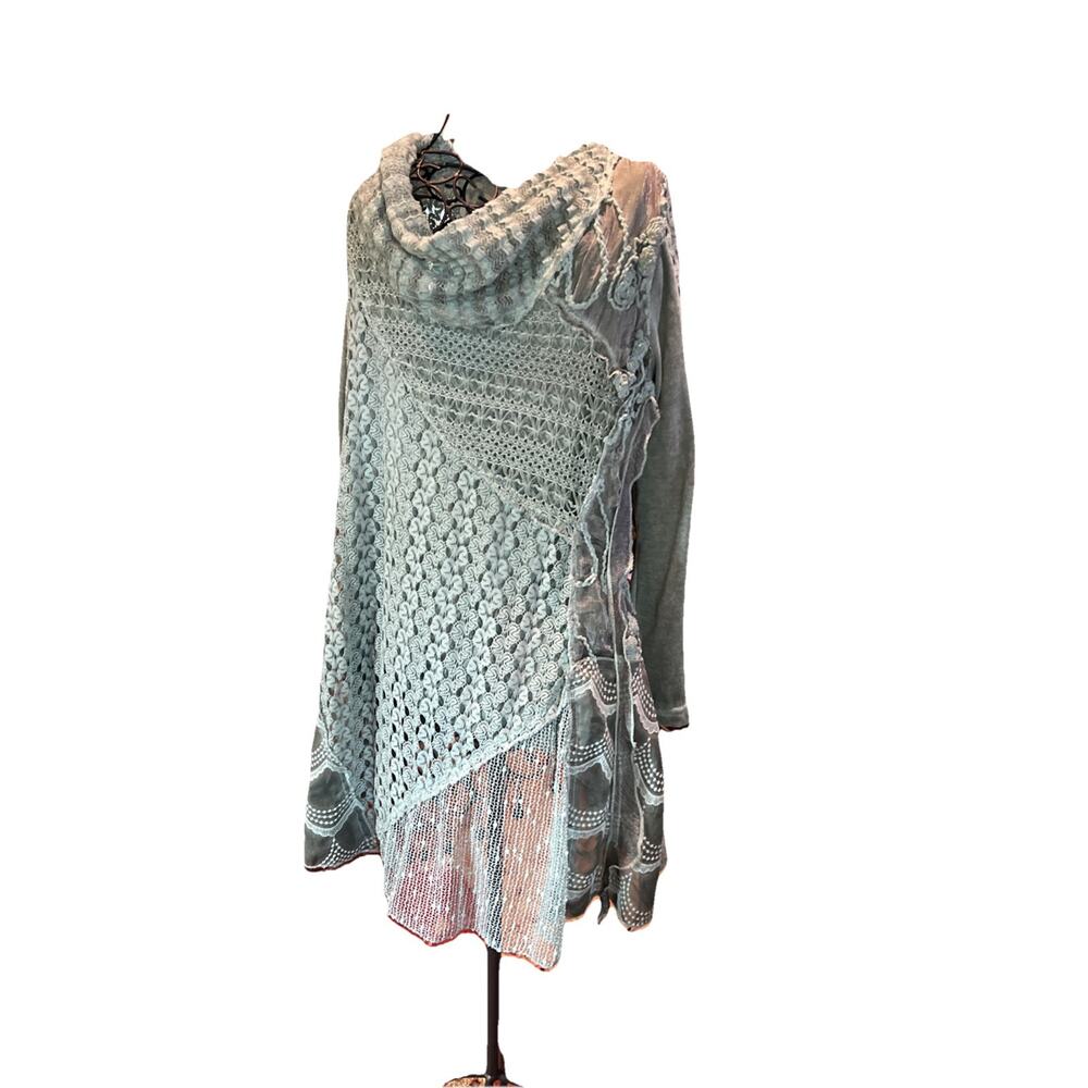 Simply Couture Tunic Women's Medium Lace Cowl Neck Shirt Sage Cottagecore Boho